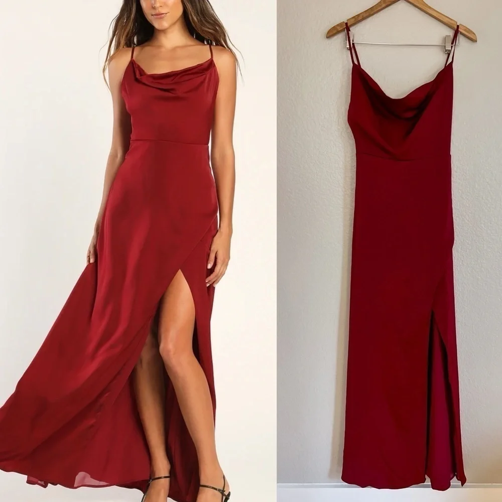NWOT Unforgettable Love Wine Red Satin Cowl Neck Faux-Wrap Maxi Dress